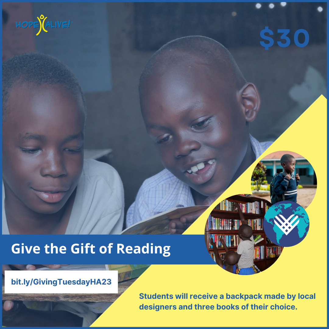 Giving Tuesday graphic showing two children looking at a book, and a library photo