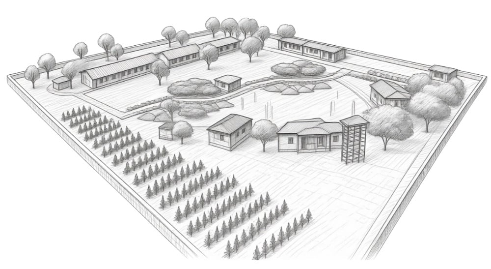 Sketch of community showing homes and connecting road