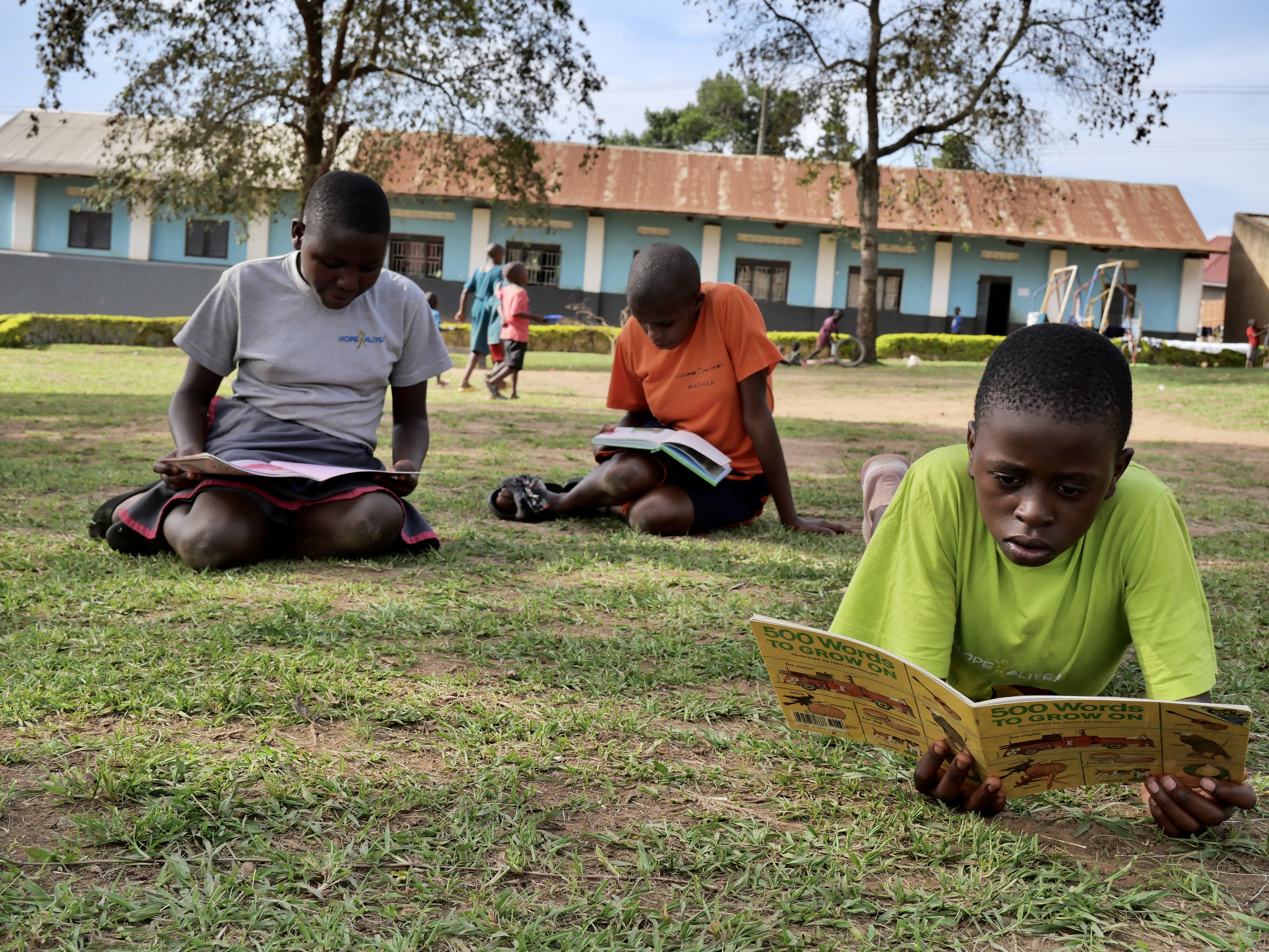 group of students outside reading books